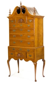 18TH C. QUEEN ANNE CT CHERRY BONNET TOP HIGHBOY.