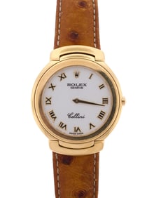 18K GOLD ROLEX CELLINI W/ OSTRICH LEATHER STRAP.