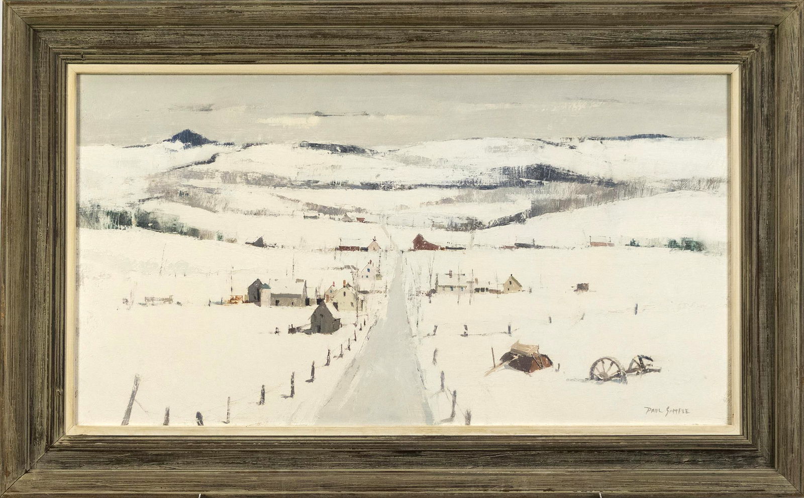 PAUL SAMPLE OIL, SNOW ROLLER AND LANDSCAPE.: Paul Sample (1896-1974) oil on masonite, winter landscape with houses by road and old snow roller in field, signed lower right Paul Sample. Vose Gallery label on reverse with title ‘Snow Roller