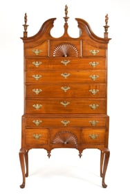 18TH C. SALEM MA QUEEN ANNE BONNET TOP HIGH BOY.
