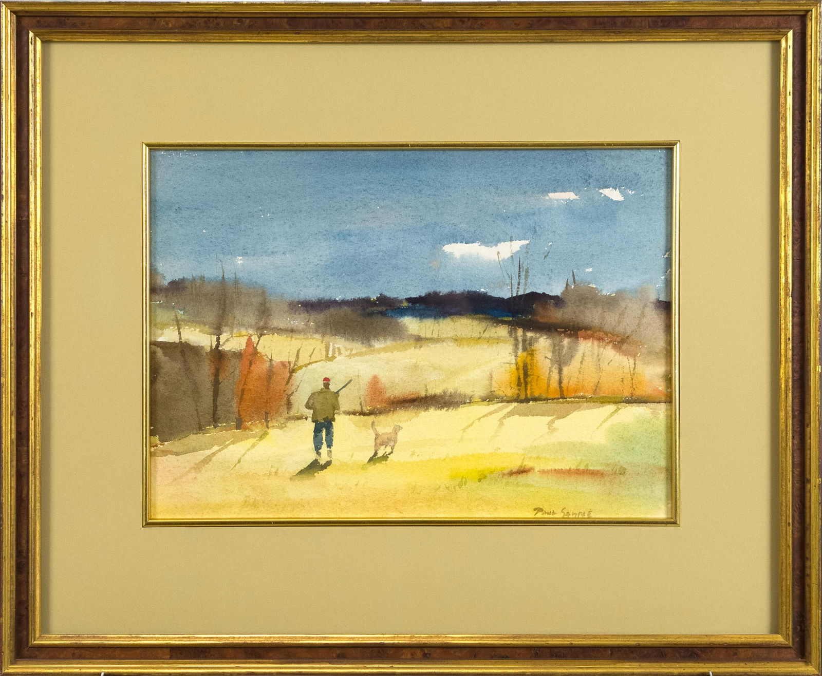 PAUL SAMPLE WATERCOLOR, BIRD HUNTER AT THE KEENES.: Paul Sample (1896-1974) double-sided watercolor, used as a illustration for pamphlet New England Journeys, depicting a bird hunter at The Keenes, an inn/retreat in Hanover NH. Signed lower right Paul