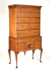 18TH C. NH QUEEN ANNE TIGER MAPLE HIGHBOY.