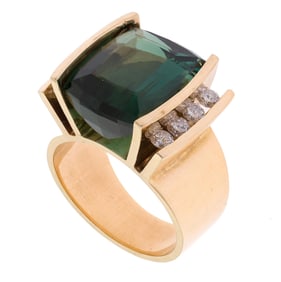 14K GOLD 10 CT. BLUE GREEN TOURMALINE & DIAMOND RING.