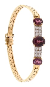 14K GOLD RHODOLITE GARNET & DIAMOND BRACELET.
