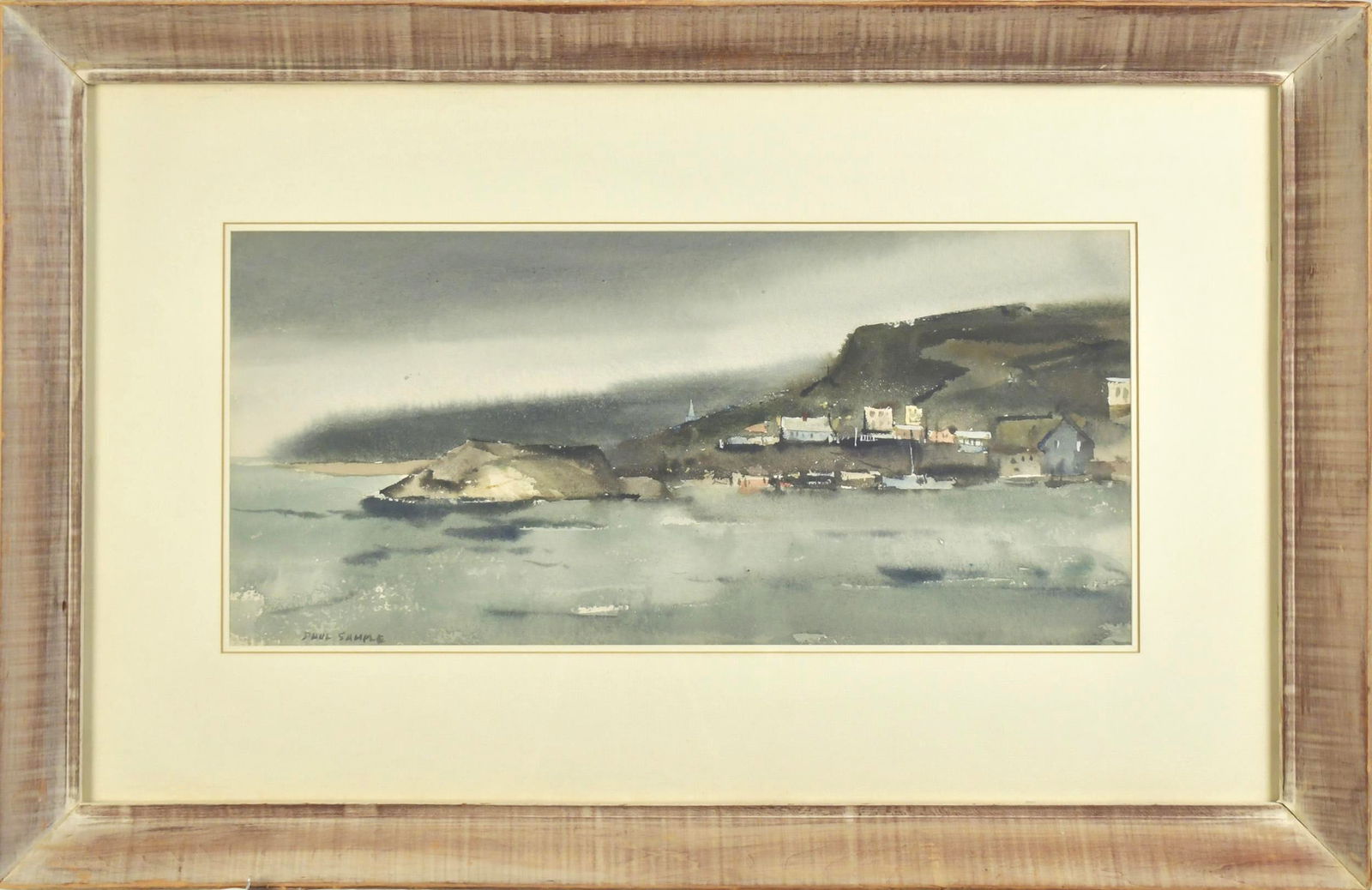 PAUL SAMPLE WATERCOLOR, LABRADOR VILLAGE.: Paul Sample (1896-1974) watercolor, ‘Labrador Village’ , with Vose Gallery label on reverse with title. Image 9’’x 20’’, Overall in original barn board frame 20R