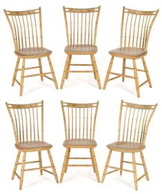 SIX EARLY 19TH C. PAINTED CLOTHES PIN WINDSOR CHAIRS.