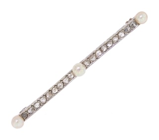 ANTIQUE PLATINUM ROSE CUT DIAMOND & PEARL BAR PIN.