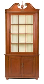 FEDERAL BUCKS COUNTY PA RED PAINTED CORNER CUPBOARD.