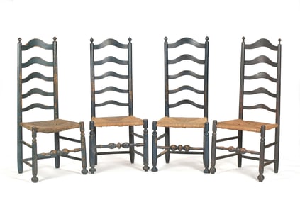 FOUR 18TH C. DELAWARE RIVER VALLEY LADDERBACK CHAIRS.