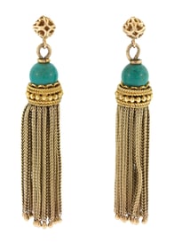 VINTAGE 14K GOLD TURQUOISE DANGLE TASSEL EARRINGS.