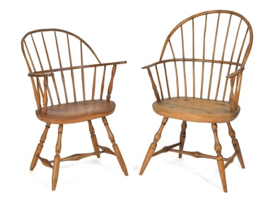 TWO 18TH C. WINDSOR SACK BACK ARMCHAIRS.
