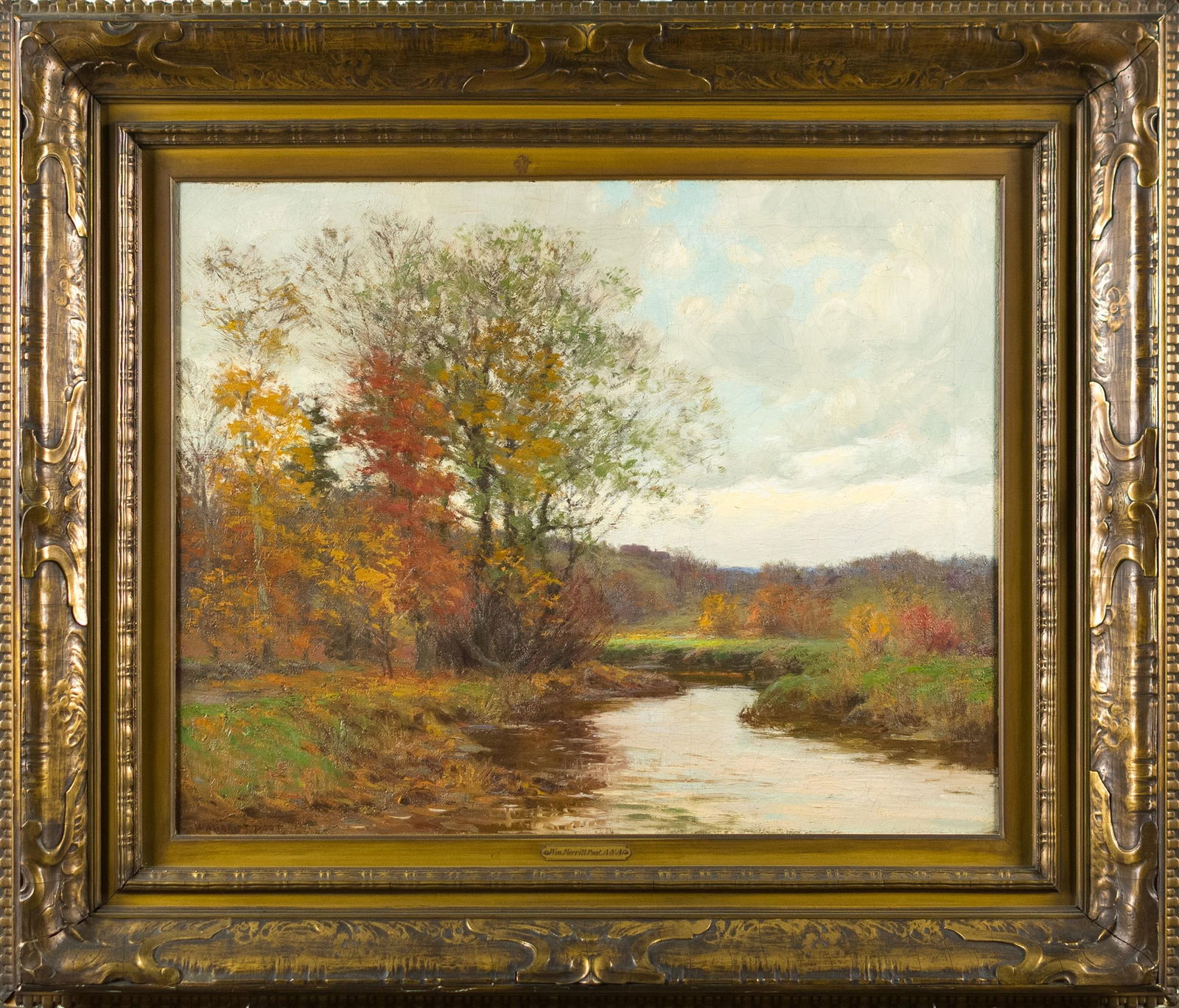 WILLIAM MERRITT POST OIL, AUTUMNAL LANDSCAPE.: William Merritt Post (1856-1935) oil on canvas, autumnal river landscape, signed lower left W. Merritt Post. Canvas 22.5” x 28”, Overall in original gilt frame 33.5” x 39”.