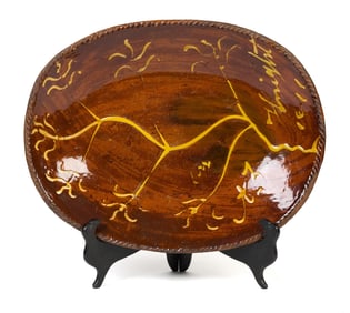 19TH C. REDWARE LOAF DISH, SIGNED WEIGHT 1811.