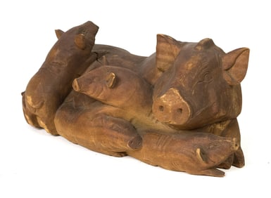 ANTIQUE CARVED MOTHER PIG AND PIGLETS.
