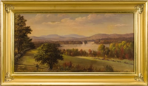 ANTIQUE NH LAKE SCENE OIL, ATTRIB. BENJAMIN CHAMPNEY.