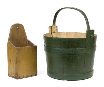 ANTIQUE MUSTARD PAINTED PIPE BOX AND GREEN PAIL.