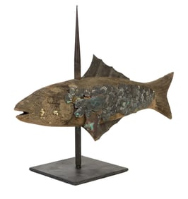 EARLY 20TH C. WOOD AND COPPER FISH WEATHERVANE.