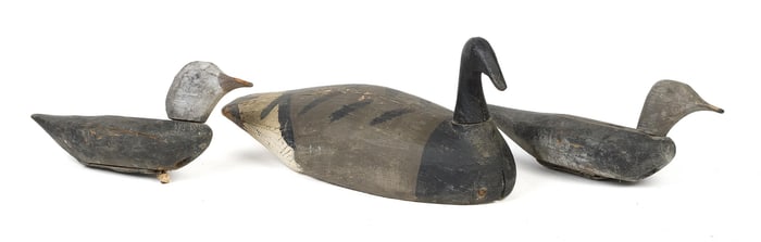 THREE ANTIQUE HAND CARVED DUCK DECOYS.
