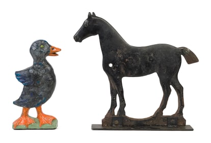 ANTIQUE CAST IRON DUCK DOORSTOP & HORSE MILL WEIGHT.