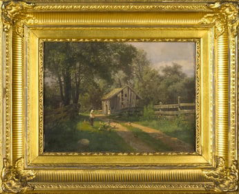 JOHN ROBINSON TAIT OIL, FARMYARD WITH CHICKENS.