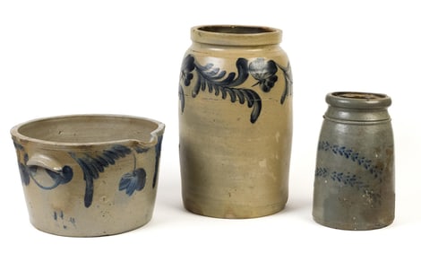 19TH C. PA DECORATED STONEWARE, 3 PCS.