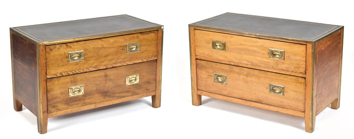 PAIR ANTIQUE TOOLED LEATHER TOP CAMPAIGN CHESTS.
