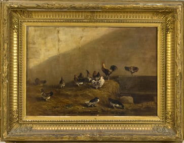 ALEXANDRE DECAMPS OIL ON BOARD, CHICKENS.