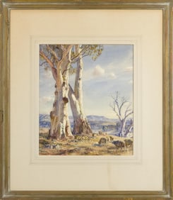 HANS HEYSEN WATERCOLOR, SHEEP IN LANDSCAPE.