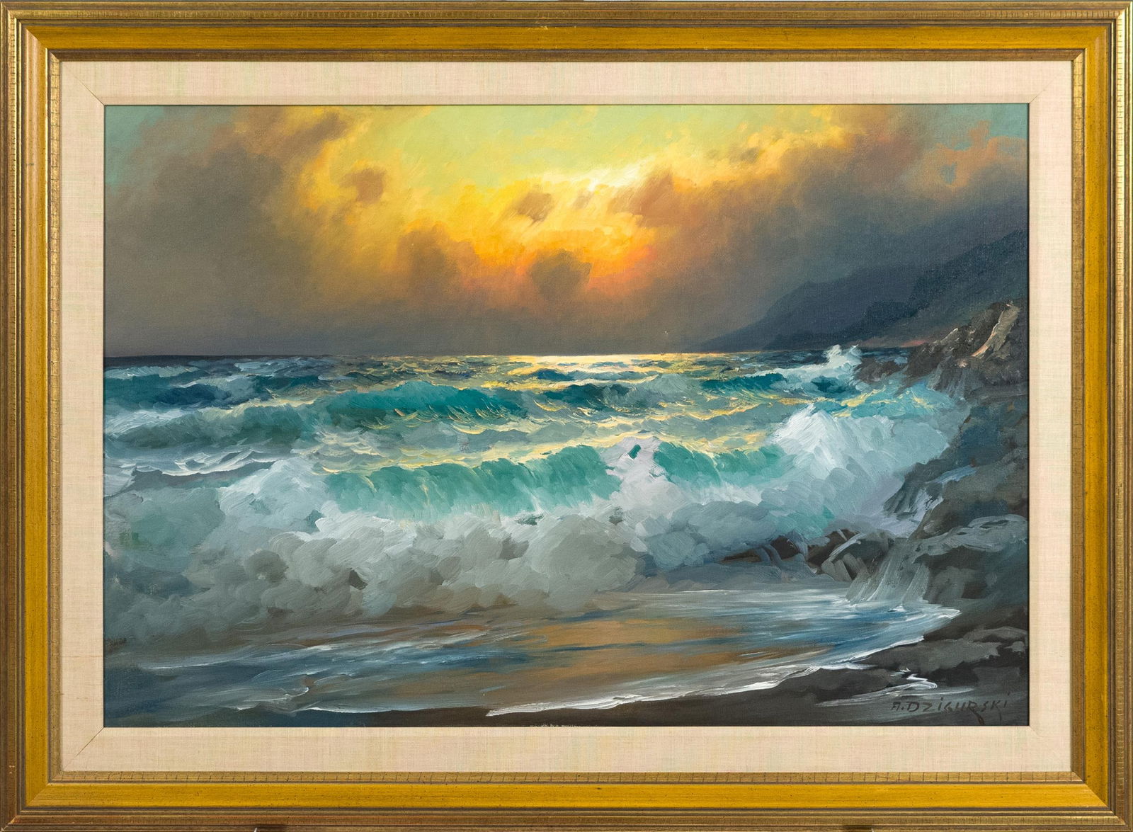 ALEXANDER DZIGURSKI OIL, SEASCAPE WITH SUNSET.: Alexander A. Dzigurski (1911-1995) oil on canvas, seascape with sunset, signed lower right. Image 24” x 36”, Frame 32” x 44”.