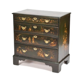18TH C. ENGLISH CHIPPENDALE JAPANNED BACHELORS CHEST.