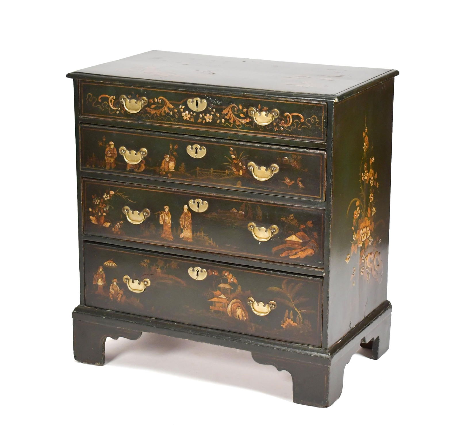 18TH C. ENGLISH CHIPPENDALE JAPANNED BACHELORS CHEST. (1 of 20)