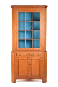 19TH C. FEDERAL CHERRY TWO PART CORNER CUPBOARD.