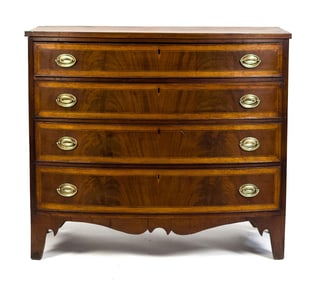 19TH C. AMERICAN INLAID BOW FRONT CHEST.