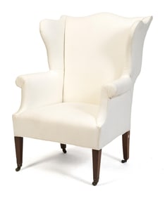 ANTIQUE HEPPLEWHITE MAHOGANY WING CHAIR.