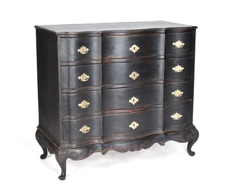 ANTIQUE DANISH BLACK PAINTED SERPENTINE CHEST.
