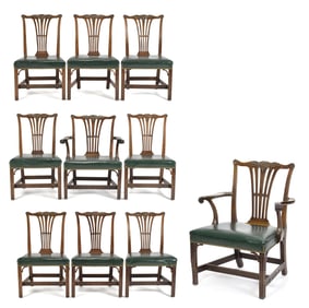 SET OF 10 ANTIQUE CARVED CHIPPENDALE DINING CHAIRS.