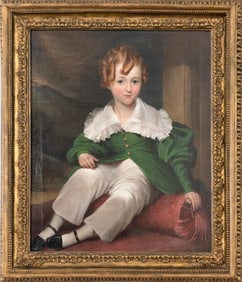 19TH C. PORTRAIT OF YOUNG BOY IN GREEN.