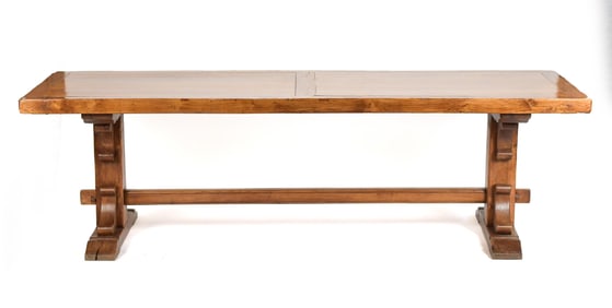 ANTIQUE OAK TRESTLE BASE TABLE.