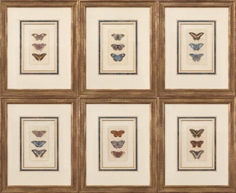 SIX ANTIQUE COLORED LITHOGRAPHS, BUTTERFLIES.