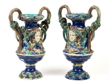 PAIR OF ANTIQUE ITALIAN MAJOLICA URNS.