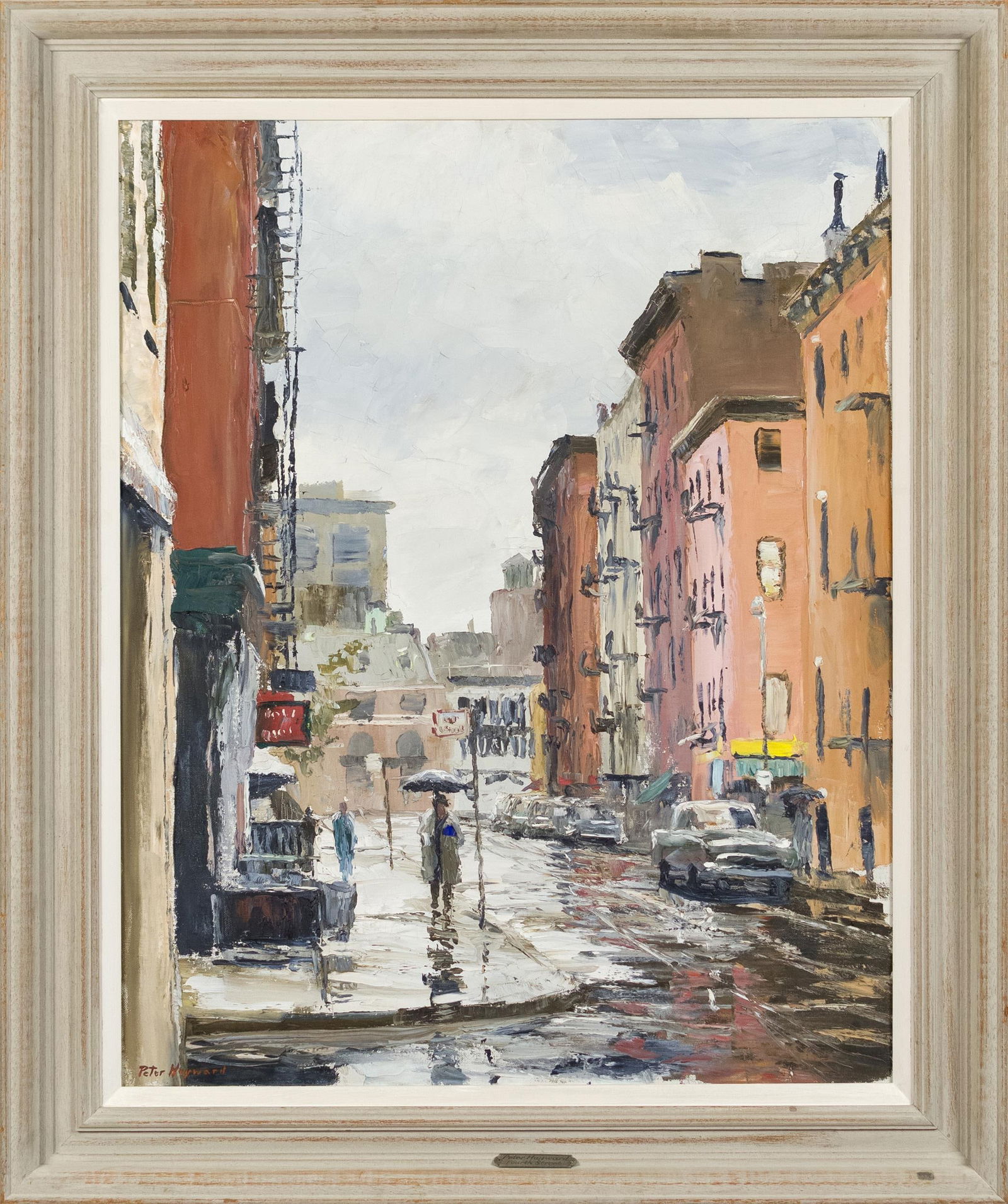 PETER HAYWARD OIL, FOURTH STREET, NEW YORK.: Peter Hayward (1905-1993) oil on canvas, New York street scene, “Fourth Street”, signed lower left, with frame plaque. Grand Central Art Gallery label on reverse. Image 30” x 24̶