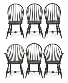 SET OF SIX WARREN CHAIR WORKS WINDSOR DINING CHAIRS.