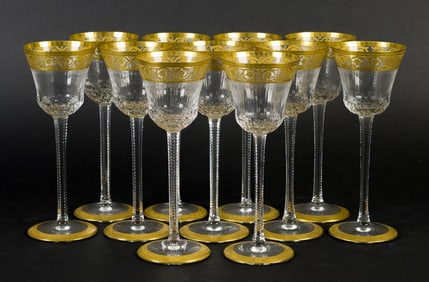 11 ST. LOUIS CRYSTAL THISTLE PATTERN SHERRY GLASSES.
