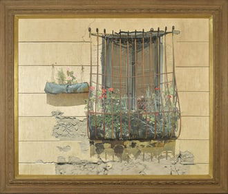 LARGE CHUCK WOOD OIL ON CANVAS, WINDOW GARDEN.