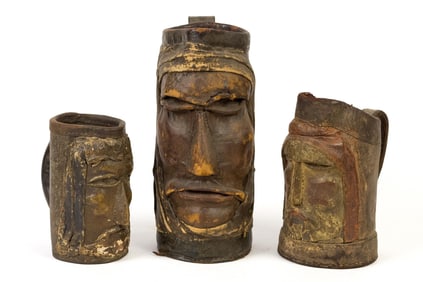 THREE 17TH/18TH C. LEATHER DRINKING MUGS.