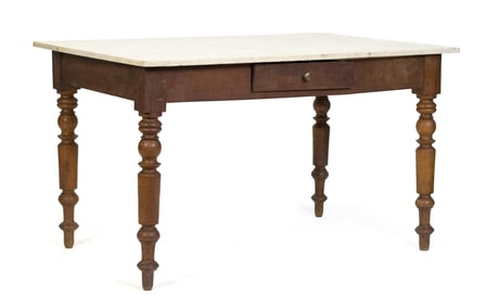 19TH C. ELM AND MARBLE TOP MIXING TABLE WITH DRAWER.