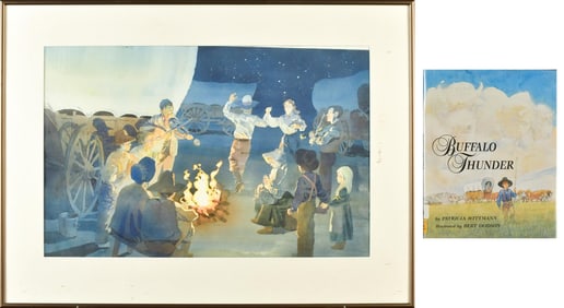 BERT DODSON WATERCOLOR, CAMPFIRE SCENE, WITH BOOK.