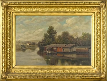 19TH C. OIL ON CANVAS, RIVER SCENE WITH FIGURES.