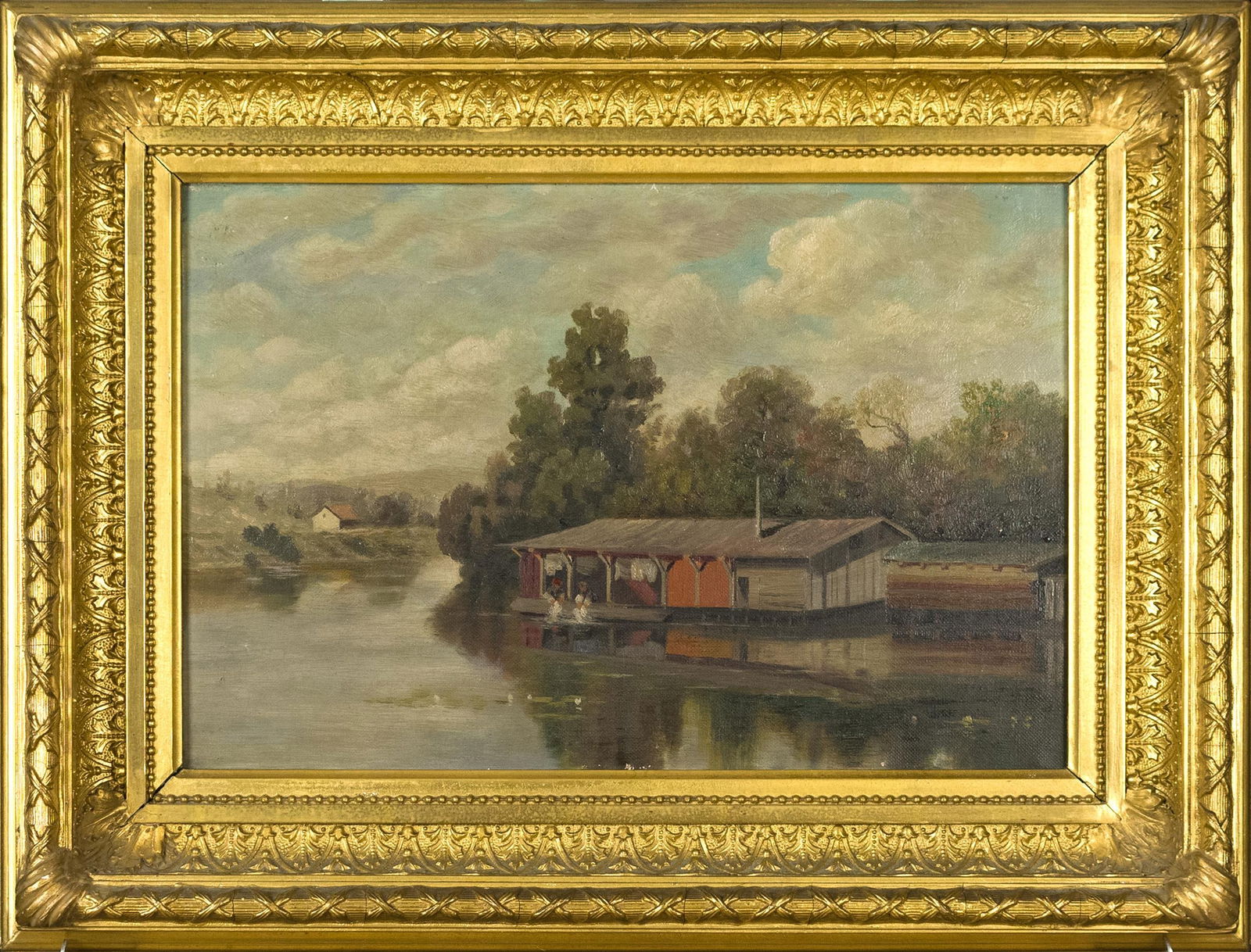 19TH C. OIL ON CANVAS, RIVER SCENE WITH FIGURES. (1 of 11)