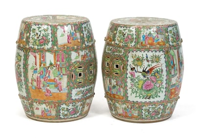 TWO ANTIQUE ROSE MEDALLION GARDEN SEATS.